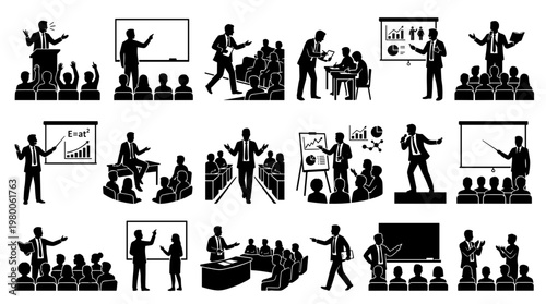 Business presentation and public speaking concept with diverse people in various meeting and conference scenarios