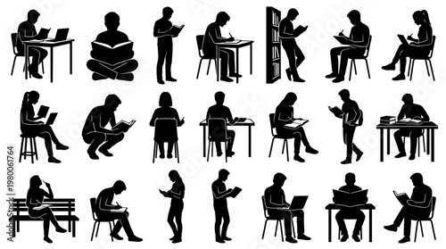 Diverse group of people reading and studying in various poses and settings, symbolizing education, knowledge, and concentration