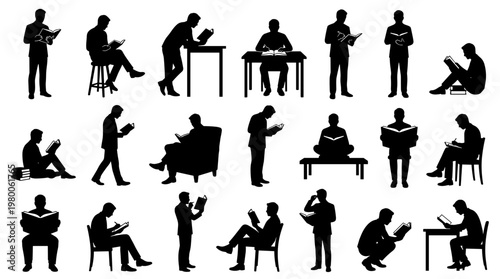 Diverse silhouettes of people reading books in various poses and settings, representing knowledge, education, and quiet contemplation