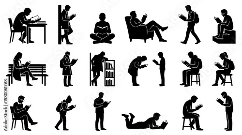 Diverse people silhouettes reading books in various poses and locations, symbolizing education, knowledge, and leisure activities