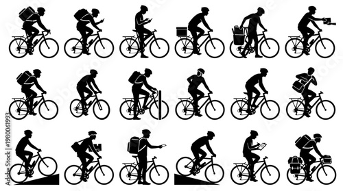Diverse cyclists delivering packages and commuting in urban settings, showcasing modern transportation and active lifestyle silhouettes