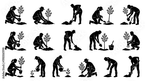 Diverse people planting trees and gardening in various poses, symbolizing environmental care and community growth