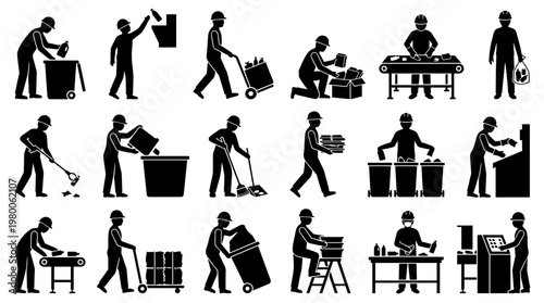 Recycling process icons showing workers sorting waste and materials on conveyor belts and in bins for environmental protection and sustainability