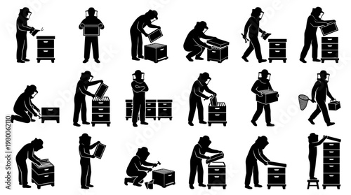 Beekeeper silhouette collection showing hive inspection and honey farming activities, diverse poses and actions
