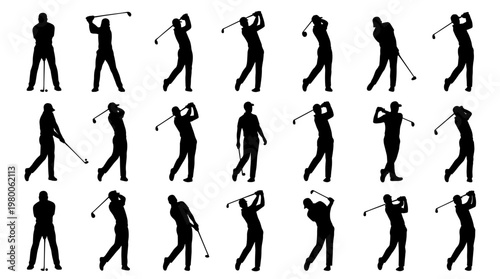 Golf swing sequence silhouette showing player's motion from address to follow through on white background