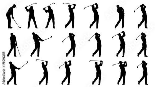 Golf swing sequence silhouette showing player motion from address to follow through on white background