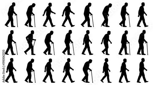 Sequence of a senior man walking with a cane, illustrating the passage of time and aging process, isolated on white background