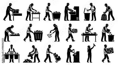 Collection of diverse worker icons illustrating recycling waste management and industrial labor tasks in silhouette style