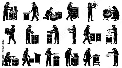 Beekeeper activities silhouette collection apiary work hive management and honey production farm equipment and tools
