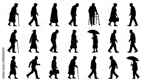 Diverse group of elderly people walking in silhouette, representing aging, movement, and daily life activities with canes and walkers