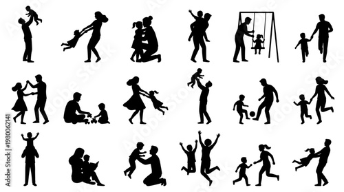 Diverse family silhouettes engaged in joyful activities like playing, swinging, and reading, celebrating bonding and togetherness
