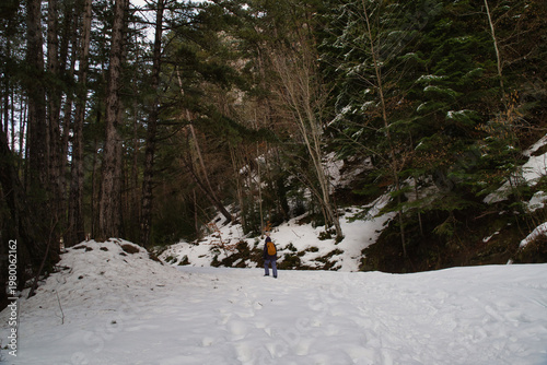  A girl hiking along a snow-covered trail in a mountainous landscape. In the Pyrenees in Spain.