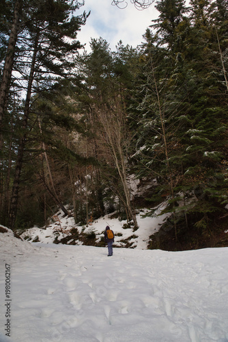  A girl hiking along a snow-covered trail in a mountainous landscape. In the Pyrenees in Spain.