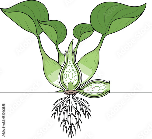 Plant anatomy cross section vector illustration showing leaf stem roots and internal structure with botanical details for biology education concept
