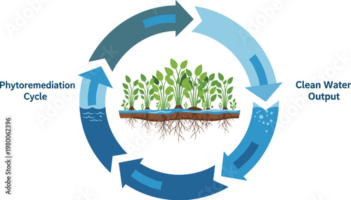 Phytoremediation cycle vector illustration with plants cleaning polluted water roots filtration and clean water output in sustainable environmental process concept