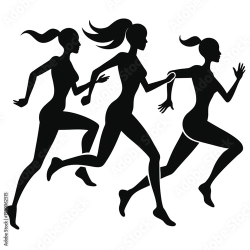 Three silhouetted women are dynamically running demonstrating athleticism and graceful movement high quality