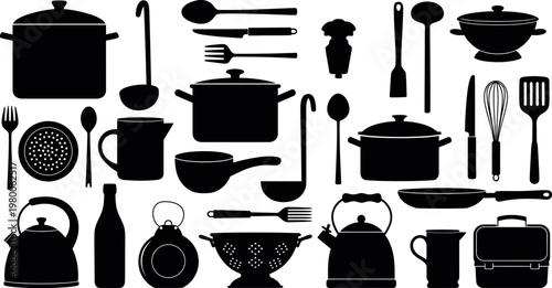 Black silhouette kitchen utensils and cookware collection a culinary still life