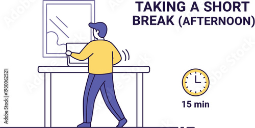 Taking a short break at work vector illustration with employee stretching at desk afternoon rest productivity wellness and healthy office routine concept