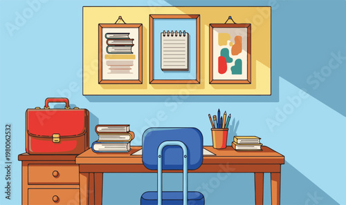 Back to school organized study space with books stationery and backpack