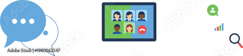 Online communication and video conferencing vector illustration with chat bubbles virtual meeting screen analytics and search icons digital collaboration concept