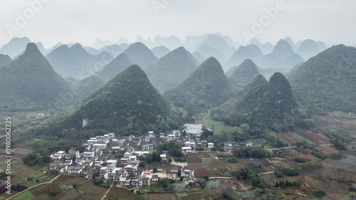 Chinese village and mountain landscape in the early morning