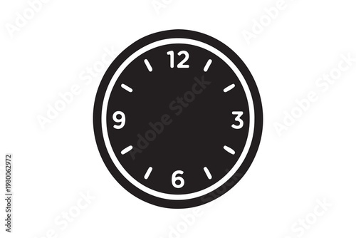Minimalist analog clock face with black background, white numbers and tick marks, blue center dot, no hands, modern flat design, symbolizing time concept and minimalism