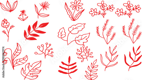 Red Hand Drawn Botanical Elements Collection on White Background vector