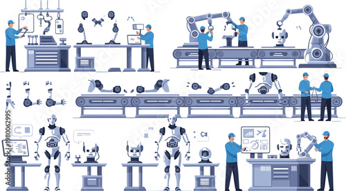 Robotics engineering and humanoid robot development vector illustration with scientists assembling testing and programming AI machines in modern laboratory environment