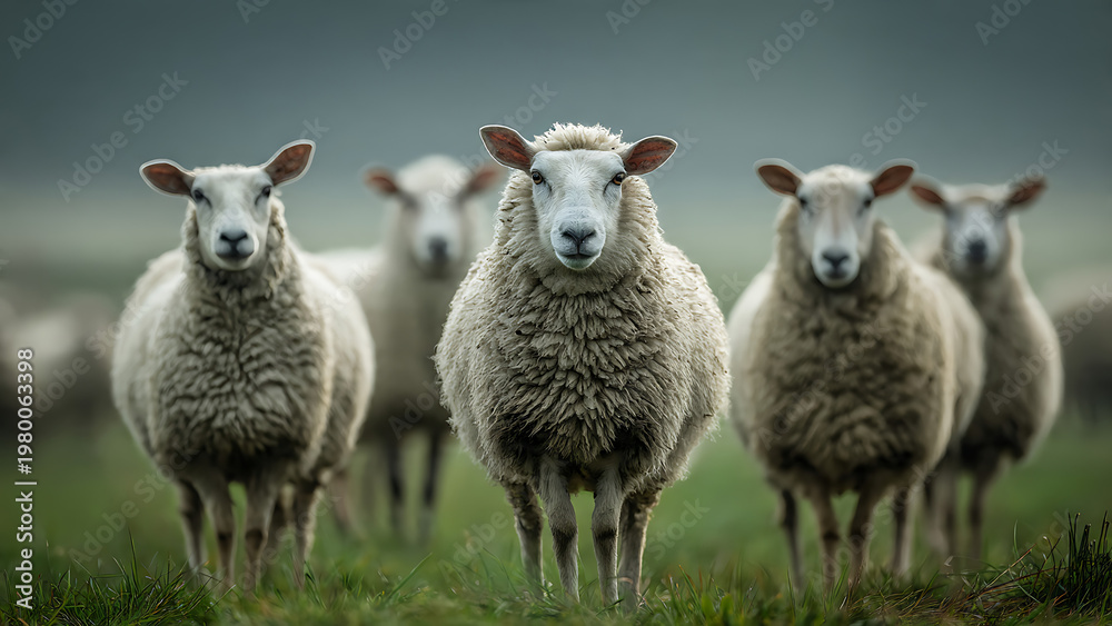 Fototapeta premium A group of white sheep standing in a green field looking directly at the camera with a blurred background and grassy terrain