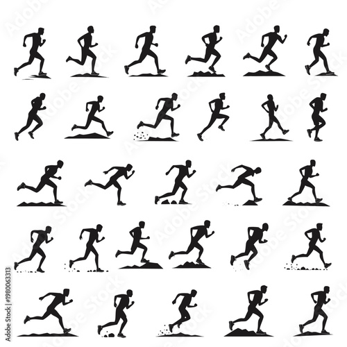 A collection of silhouetted figures depicting various stages of a running human gait