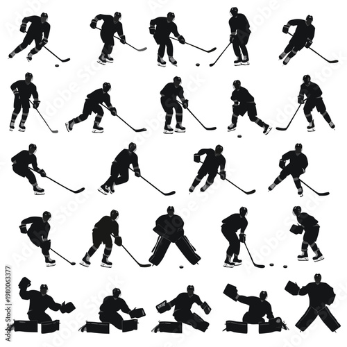 Photography Silhouettes of ice hockey players in various action poses against a white backgr