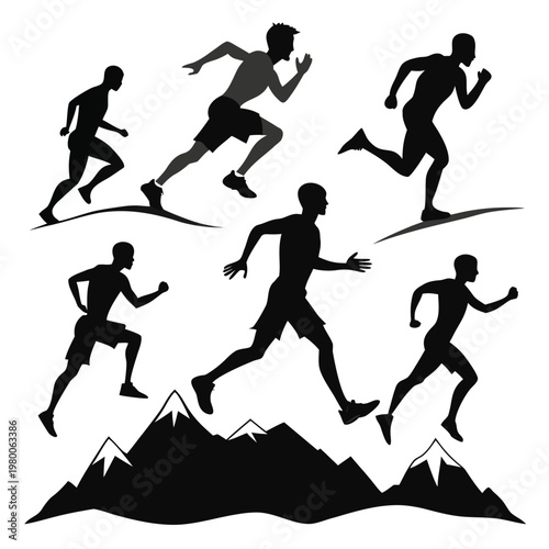 Silhouettes of running men against a mountainous landscape conveying speed and athleticism