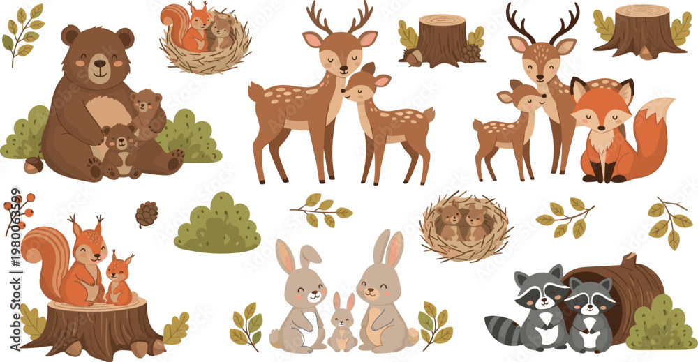 Fototapeta premium Cute forest animal families collection with bear deer fox rabbit raccoon squirrel woodland cartoon illustration set