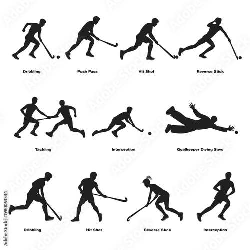 Silhouette illustrations displaying various field hockey actions and player positions in motion