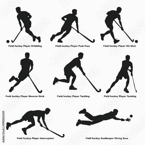 Silhouettes of field hockey players demonstrating various actions and positions during a game