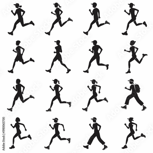 Black silhouettes of diverse people running and exercising in various active poses