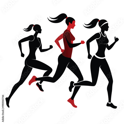 Three female silhouettes are depicted running showcasing athleticism and dynamic movement high quality
