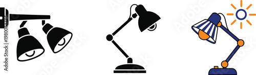 Adjustable black desk lamps and modern wall spotlight collection with light rays and flat design for workspace illumination.