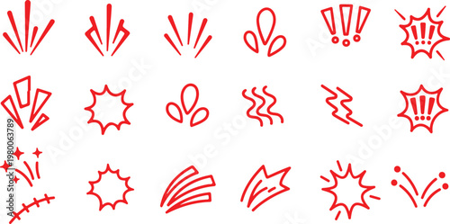 Red Hand Drawn Explosion Shapes and Lines on White Background burst comic