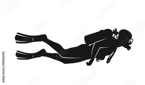A stark black silhouette depicts a scuba diver in a horizontal swimming position showcasing underwater exploration and adventure silhouette high quality professional detailed modern