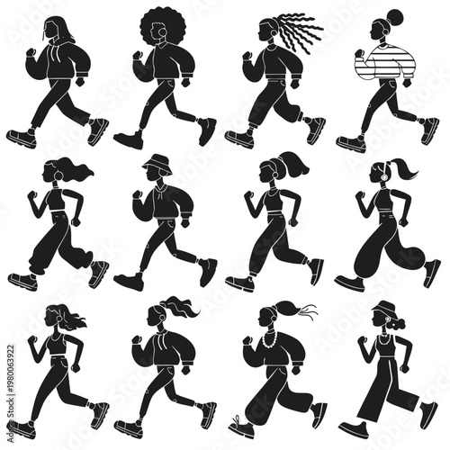 Diverse group of women illustrated in dynamic poses running and walking stylishly