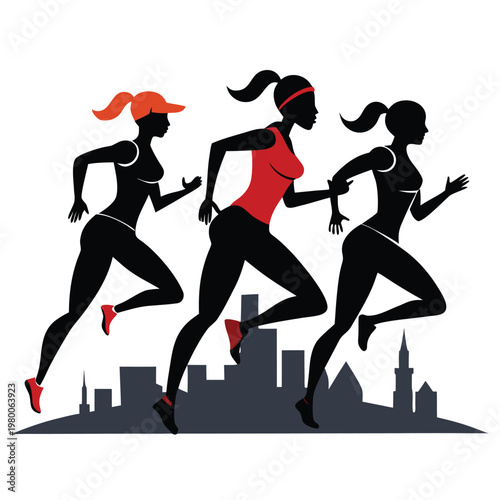 Three female runners in silhouette race through a city skyline displaying athleticism