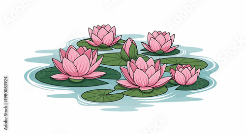 Several pink water lilies float on calm blue water surrounded by green lily pads