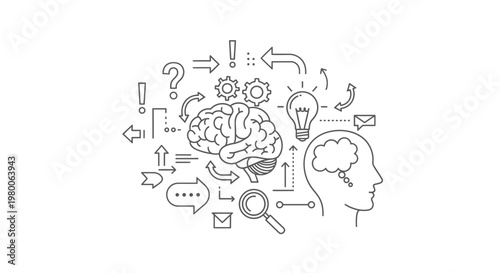 Brain serves as the central focus of this complex diagram where various arrows, light bulbs, gear symbols, and inquiry marks illustrate the intricate process of human cognitive thinking and logic.