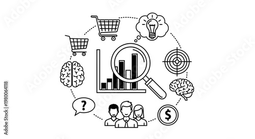 Businessman analyzes market trends using a magnifying glass to inspect bar charts while surrounded by icons representing commerce, consumer behavior, financial growth, and strategic planning.