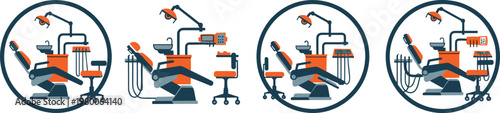 Dental chair and equipment vector illustrations, representing modern dentistry office setup.