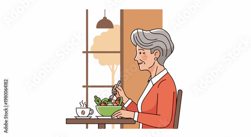 Elderly woman enjoying a healthy meal of salad and coffee at a cafe