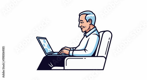 Elderly man using a laptop while sitting in a chair