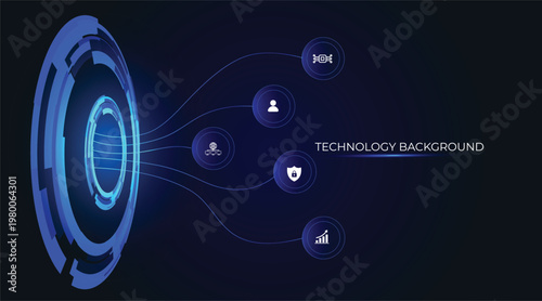 A circular, innovative technological background featuring five floating buttons within a luminous space, simulating moving data streams. A cosmic void, with luminous trails evoking flows of data. Tech