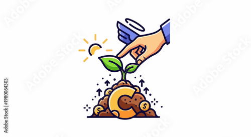 Hand nurturing seedling growing from coins in soil under sunlight